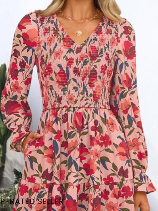 Floral Boho Maxi Dress Long Sleeve V Neck A Line Flowy Wedding Guest - Picture 4 of 7